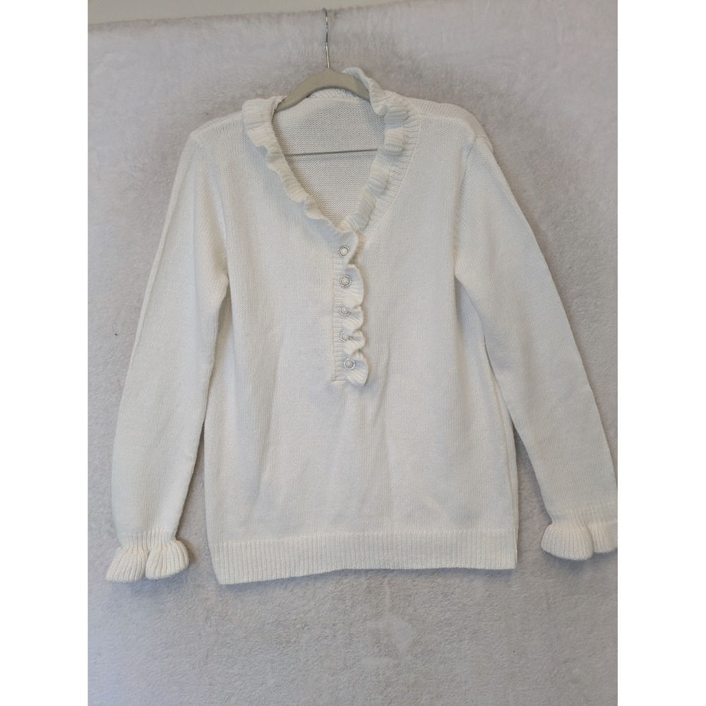 Unbranded Ruffle Trim Sweater Women's Large White Pearl Rhinestone Button V-Neck